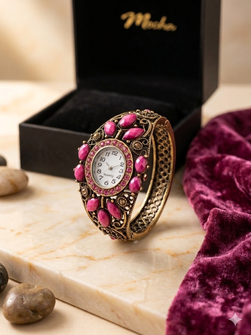 Vintage-Style Mocha Quartz Cuff Watch - Pink Stone Accents Bronzed Finish